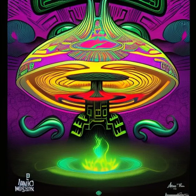 green and black psychadelic mushroom with aztec and mayan symbols circling around it, alex grey art style, cyberpunk concept art by josan gonzales and moebius and enki bilal and and dan mumford and jean claude meziere and Gerald brom, futuristic illumination, Art Deco, Full colors, Greg rutkowski, Trending artstation, cinematográfic