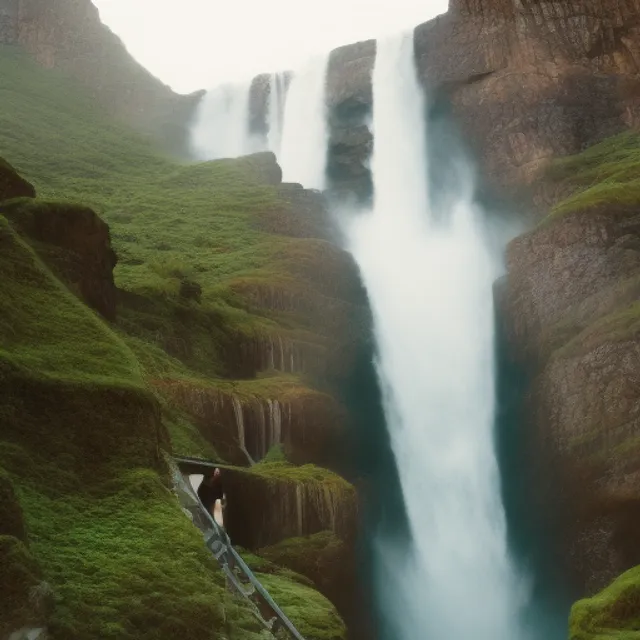 A women in front of a Large waterfall