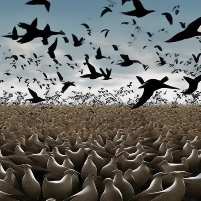 “world war 3 scene - a bird flying over the dead bodies. Add a flock of birds flying overhead”
