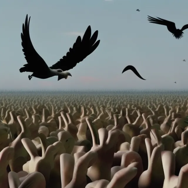 “world war 3 scene - a bird flying over the human bodies. Add a flock of birds flying overhead”
