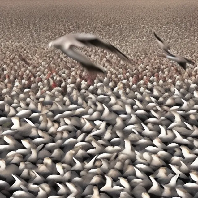 “world war 3 scene - a bird flying over the human dead bodies of world war. Add a flock of birds flying overhead”
