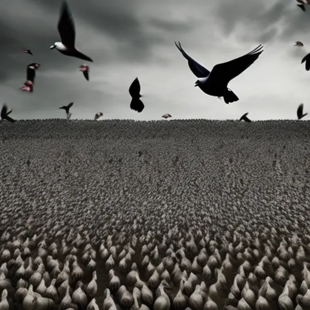 “world war 3 scene - a pigeon flying over the human dead bodies of world war. Add a flock of birds flying overhead”
