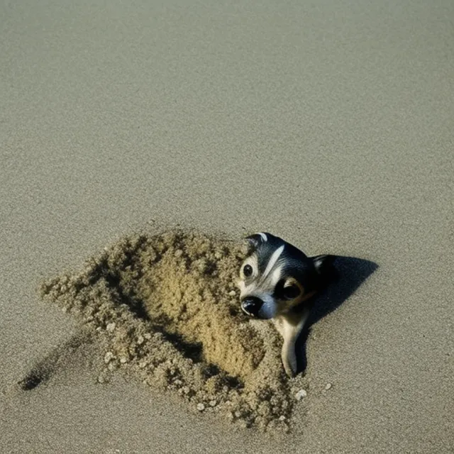 a small dog on a beach finds something peculiar in the sand. A small dog walking on a beach finds a strange object in the sand.