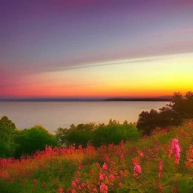 Sunsets painted with streaks of pink, orange, and purple as the sun sets behind the horizon. The air is filled with the sweet scent of blooming flowers, and the soft rustle of leaves as the gentle breeze blows through the trees. add a sunset