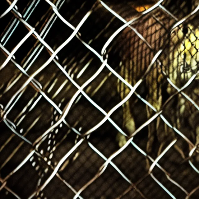 a black dog behind a chain link fence at night