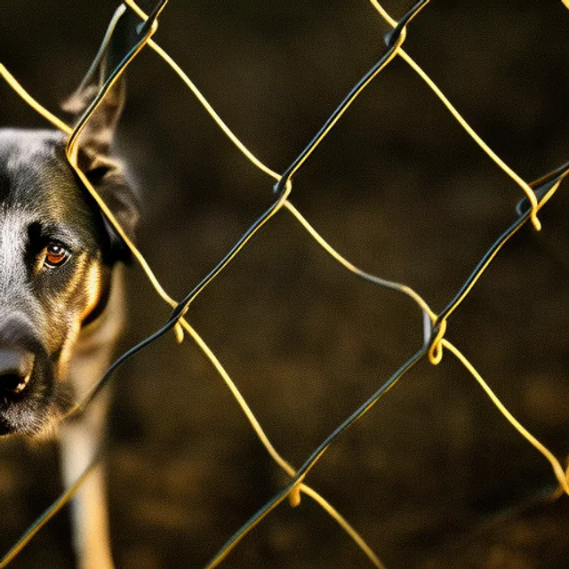 a black dog behind a chain link fence at night