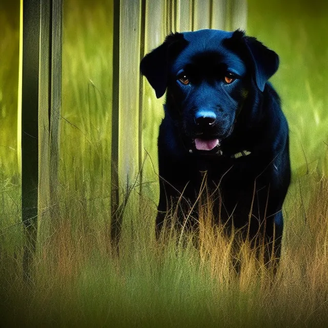 a black dog behind a fence