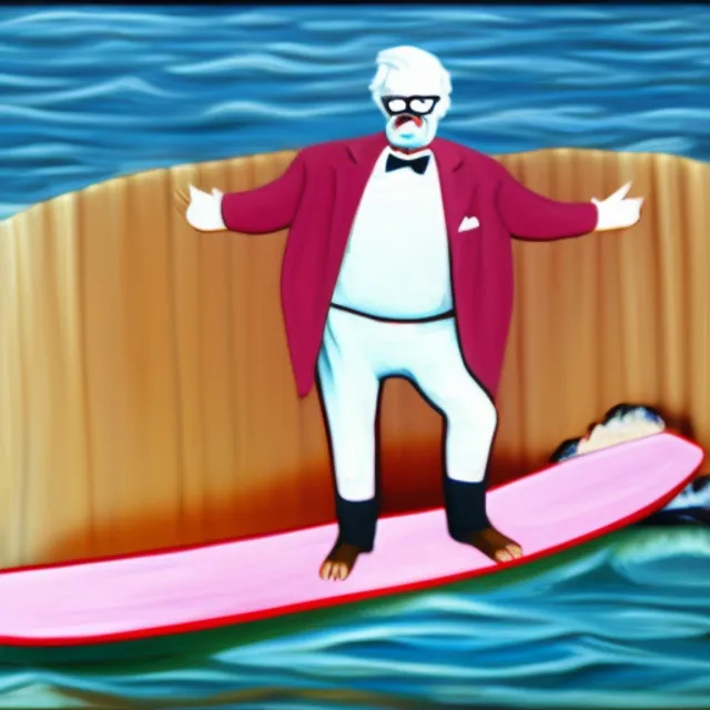 Colonel Sanders on a Wave - Surf Board - Painting. add a wave behind him