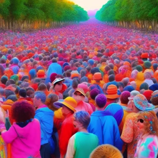 a crowd of people in beautifully colorful clothing, including people of all different colors and styles. include everyone, no matter how diverse their clothing looks