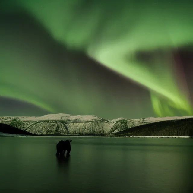 Shamanic Bear aurora, snow on the prairie, Northern Lights. add a human figure to the mix, in the form of a shaman or witch