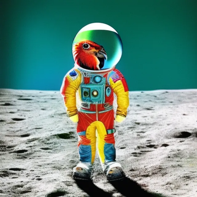  Parrot in a space suit on the moon nodding to a song with its head