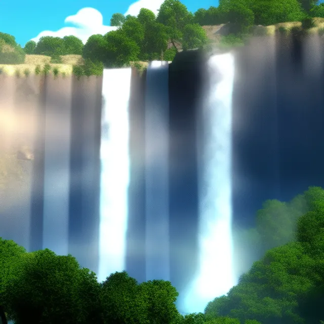 create an animation of waterfalls in 3D. add a 3D rain drop to the bottom of the waterfall