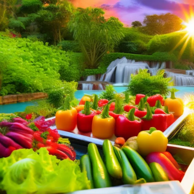 Vegetables and fruits decoration on a tray in the garden with beautiful sunset at the waterfall and softly glowing veg in the foreground thanks to the gentle light of the misty haze in the horizon. add some misty haze to the horizon