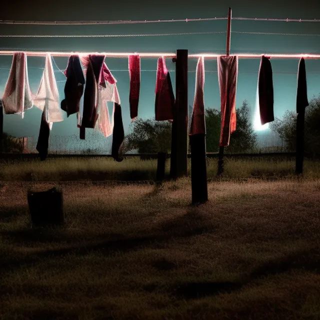 a fence with clothes hanging of of it, dark night