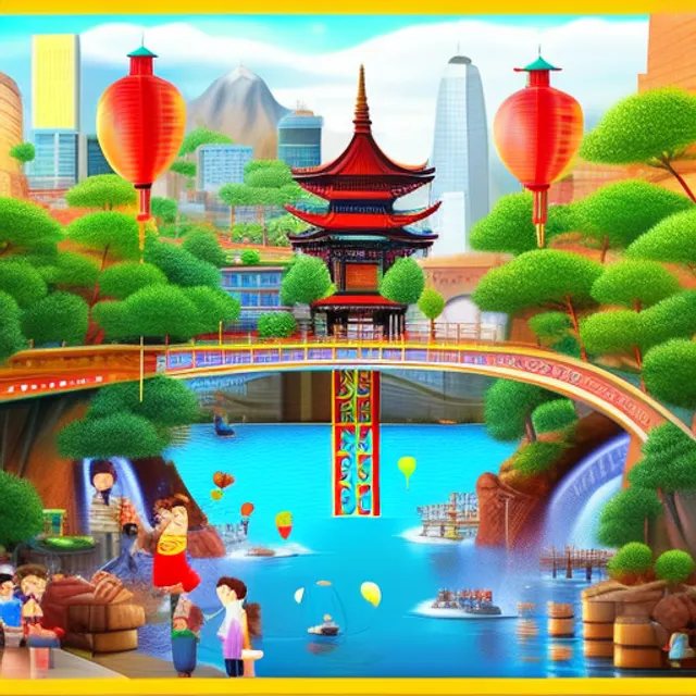  depicts a bustling Chinese city with a touch of Studio Ghibli magic? The cityscape could feature towering skyscrapers and busy streets, but with elements of nature and whimsy added in, like floating flowers and lanterns. In the center of the piece, there could be a giant tree that serves as a hub of activity, with animals and people of all ages interacting and playing together. The overall aesthetic could have a soft, dreamy quality to it, evocative of Studio Ghibli's signature animation style.