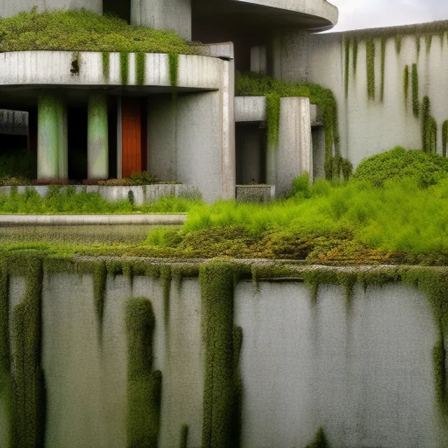 concrete architecture with moss and ivy growing all over, rainy, wett, water, futuristic, late afternoon light, dramatic sky, xenomorpf, by frank lloyd wright and greg rutkowski and ruan jia