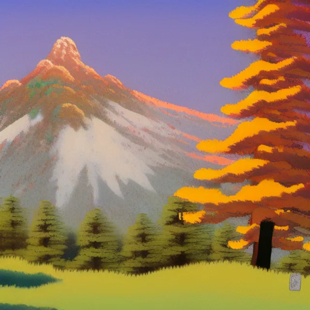 “Sequoia park in a colorful moutain with beautiful trees , no people, morning, by studio ghibli painting, superior quality, masterpiece, traditional Japanese colors, concept art”