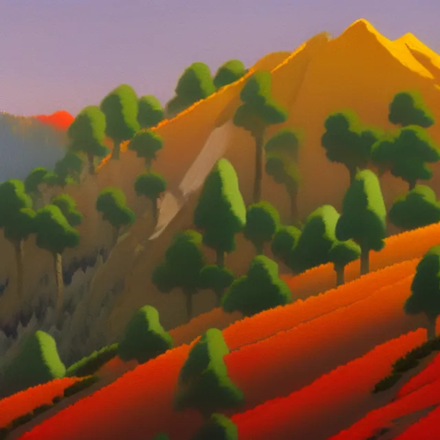 “Sequoia park in a colorful moutain with beautiful trees , no people, morning, by studio ghibli painting, superior quality, masterpiece, traditional Japanese colors, concept art”
