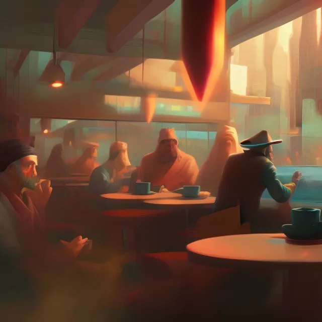 in the center foreground a wizard with a pointy hat sips his coffee, and people stare in the busy coffee shop, wide angle, digital art by beeple and RHADS, ultra realistic, award winning, artstation, unreal render,