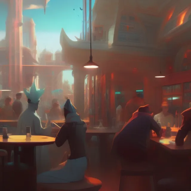 in the center foreground a wizard with a pointy hat sips his coffee, and people stare in the busy coffee shop, wide angle, digital art by beeple and RHADS, ultra realistic, award winning, artstation, unreal render,