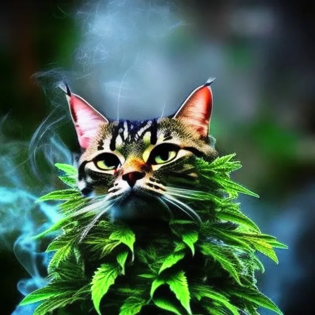 A cat smoking weed in dark forest