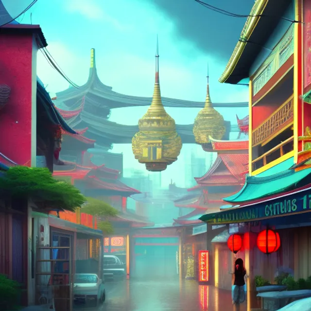STUDIO GHIBLI, quiet China Town daytime Bangkok, Monsoon day in Bangkok citypop,, concept art of a peaceful nostalgia, city pop style, Thailand minimal, vintage nostalgia, optimist future by Claude Lorrain. intricate artwork by Tooth Wu and wlop and beeple and dan mumford and greg rutkowski and nekroxiii. halo. octane render, cinematic, hyper realism, very detailed, octane render, 8k, depth of field, bokeh. iridescent accents. vibrant.