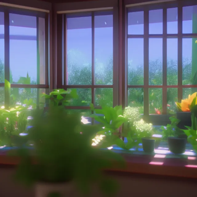 Unreal engine city lush windowsill lush flowers windowsill with a large variety of vegetation ,flowers in a soft, lofi 8k resolution with a large variety of vegetation in a soft, lofi 8k resolution. city