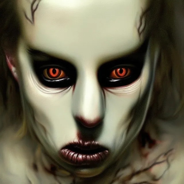 “Rotting Face, Black Eyes, and Eaten Face by Worms,Horror Art by Monochrome, Schizophrenia by Illness, in the Style of an Identikit by 4k, High Resolution, and Dark Art by David Woolley. darken her skin and eyes, make her look cadaverous, witchcraft death, lovecraft madness

