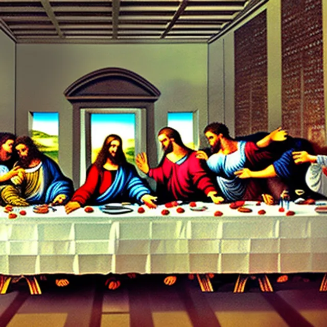 "Create an AI generated scene inspired by the iconic works of Leonardo da Vinci, such as 'The Last Supper' or 'The Vitruvian Man'. The scene should feature Renaissance-era architecture, clothing, and technology, and should be populated with human figures in dynamic poses and express interesting emotions. Consider the use of light and shadow to add depth and dimension to the scene, just as Leonardo did in his paintings."