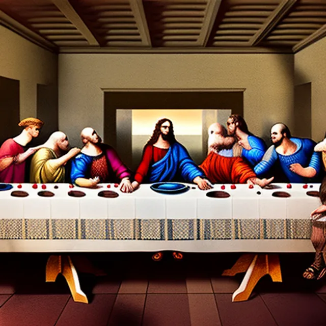 "Create an AI generated scene inspired by the iconic works of Leonardo da Vinci, such as 'The Last Supper' or 'The Vitruvian Man'. The scene should feature Renaissance-era architecture, clothing, and technology, and should be populated with human figures in dynamic poses and express interesting emotions. Consider the use of light and shadow to add depth and dimension to the scene, just as Leonardo did in his paintings."