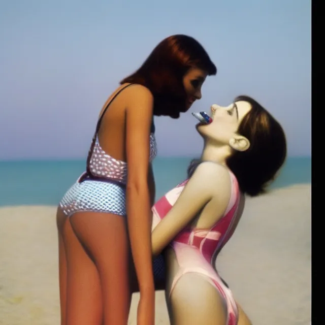 women kissing another woman, cute, beautiful, swimsuit, beach, young, skinny, lipstick