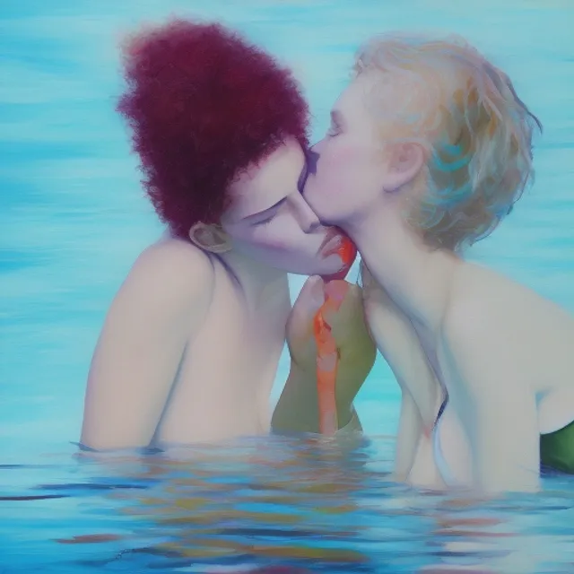 woman kissing another woman in water, cute, swimsuits, young, skinny