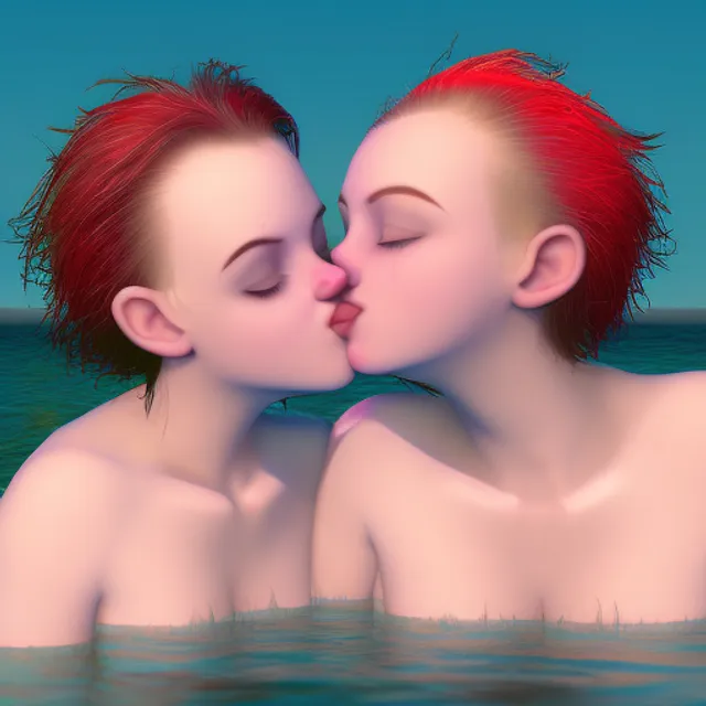 cute women, kissing eachother in water, young, skinny, 