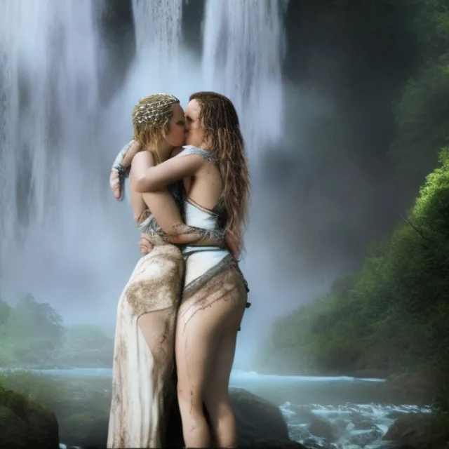 highly detailed photo of 2 girls kissing underwater, with water falling down a waterfall, near a river, trees leaves waving, taking clothes off. cute photo of 2 girls kissing, with water falling down a water fall, near a river, trees leaves waving, taking clothes off