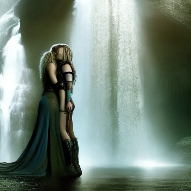 highly detailed photo of lexa the 100 and Clarke Griffin the 100 as queens, ultra hd, soft kiss white dress, fantas, 4k hd, kissing, cute, beautiful, underneath a waterfall, lesbian