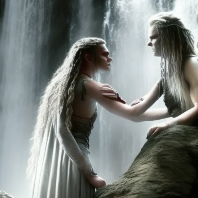 highly detailed photo of lexa the 100 and Clarke Griffin the 100 as queens, ultra hd, soft kiss white dress, fantas, 4k hd, kissing, cute, beautiful, underneath a waterfall, lesbian kiss