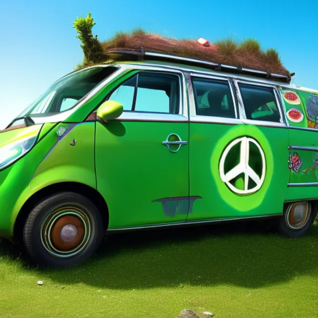 Green Wolkswagen transporter with peace sign in space driven by long haired hippie