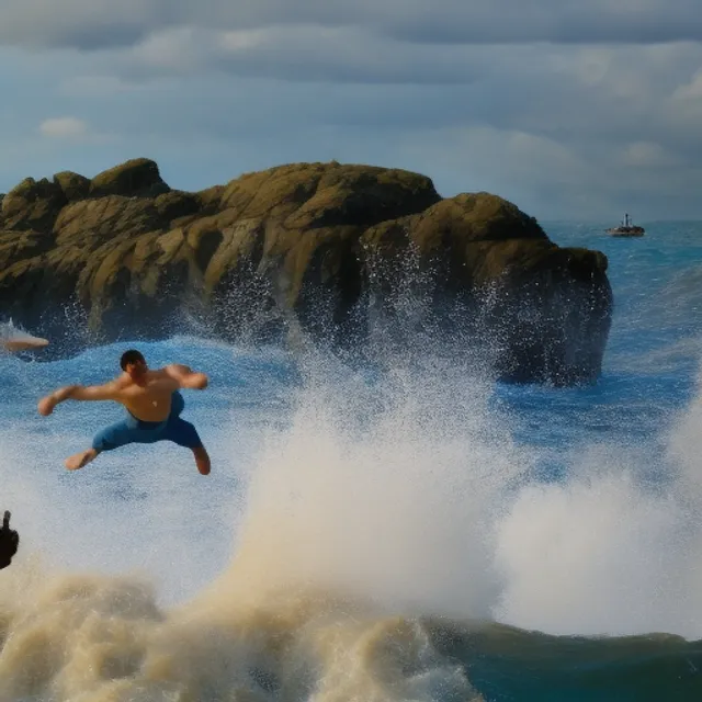 A men jumping in a turbulent sea.