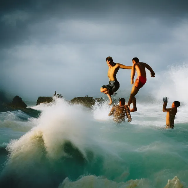 A men jumping in a turbulent sea.