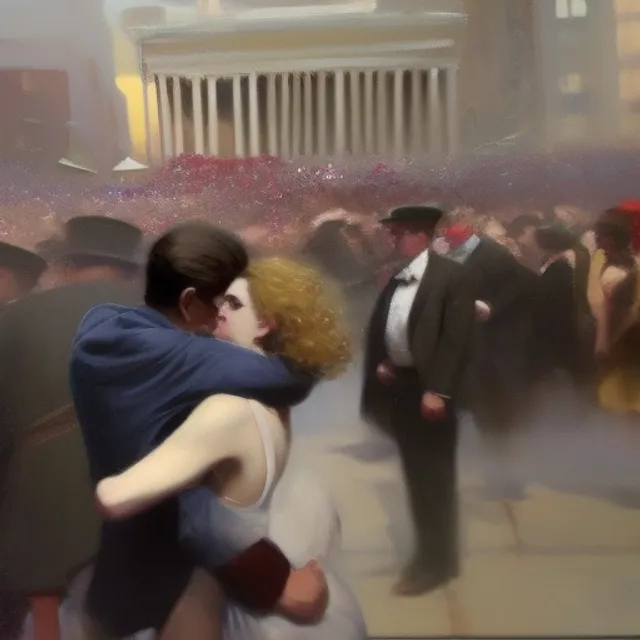 wide shot cinematic a man embracing his Valentine's Day woman in front of a large violent angry rioting crowd destruction around them beautifully rendered in gouache and oil, in the style of glaze, dynamic lighting, charascurro, impasto, Mark Legue, Jeremy Mann, Anders Zorn, Donato Giancola --ar 2:1 --uplight --s 750 -