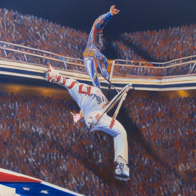 Evel Knievel jumping over Madison Square Garden in 1974, painting, Robert Williams style