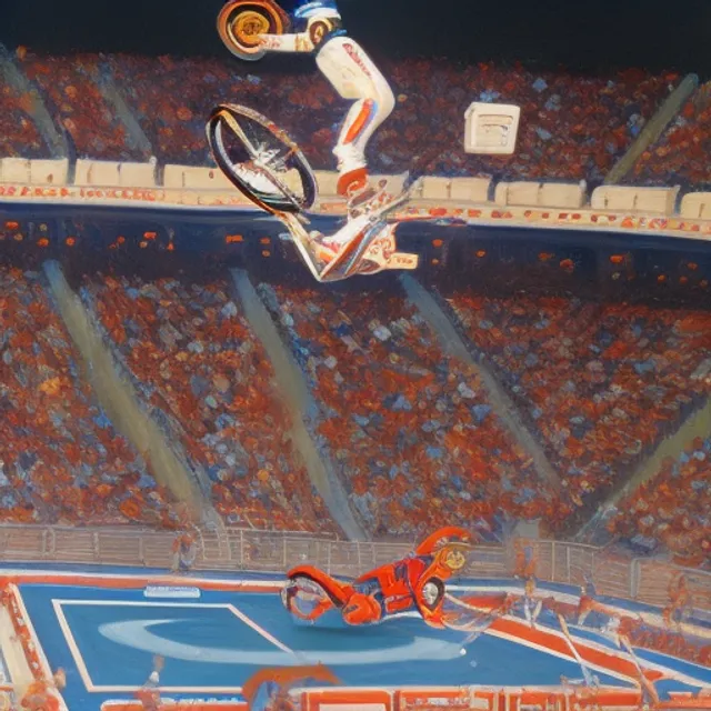 Evel Knievel jumping over Madison Square Garden in 1974, painting, Robert Williams style