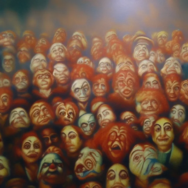gangs of happy circus clowns standing as far as the eye can see, painted by Drew Struzan