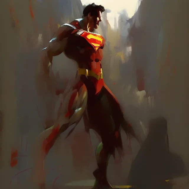 Full body, Superman in action stance is the heartcore of the superhero team, IRYNA YERMOLOVA, Mark Legue, Jeremy Mann, cinematic, --ar 2:3 --uplight --s 250