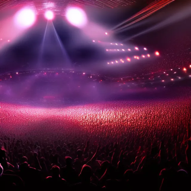 a rock n roll stage at Madison Square Garden, crowd cheering, fully lit up, smoky attmosphere, volumetric lighting, lens flares, heavy metal 