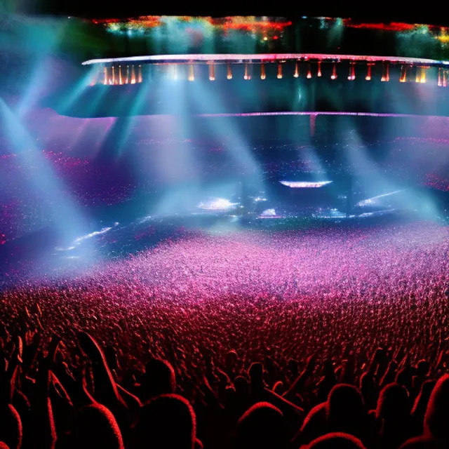 a rock n roll stage at Madison Square Garden, crowd cheering, fully lit up, smoky attmosphere, volumetric lighting, lens flares, heavy metal 