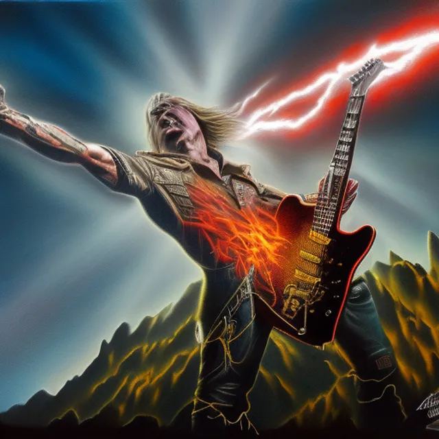 single lightning bolt striking a metal electric flyng v guitar carved out of a mountain, very dramatic, painted by Drew Struzan, oil, gouache, airbrushed, incredible, movie poster art 