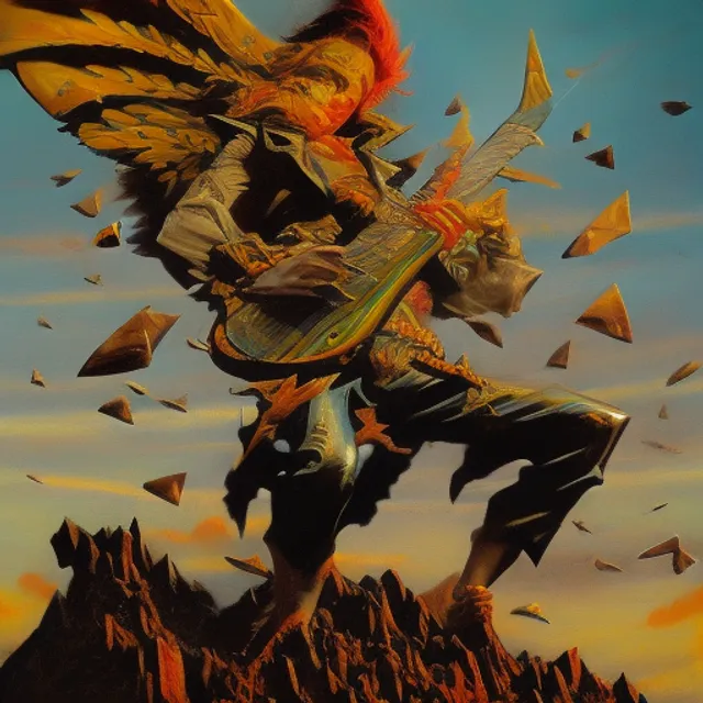 lightning striking a heavy metal electric flyng v guitar carved out of a mountain, very dramatic, painted by Frank Frazetta and Alex Ross Norman Rockwell, oil, gouache, airbrushed, incredible,