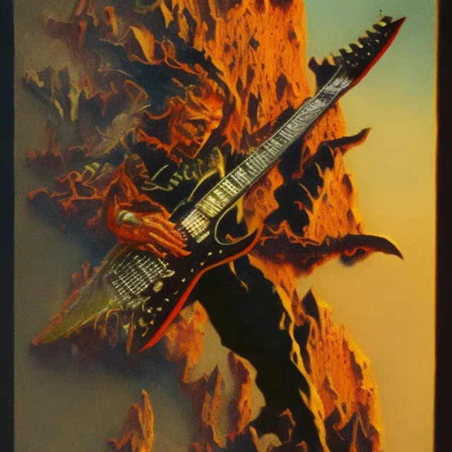 lightning striking a heavy metal electric flyng v guitar carved out of a mountain, very dramatic, painted by Frank Frazetta and Alex Ross Norman Rockwell, oil, gouache, airbrushed, incredible,