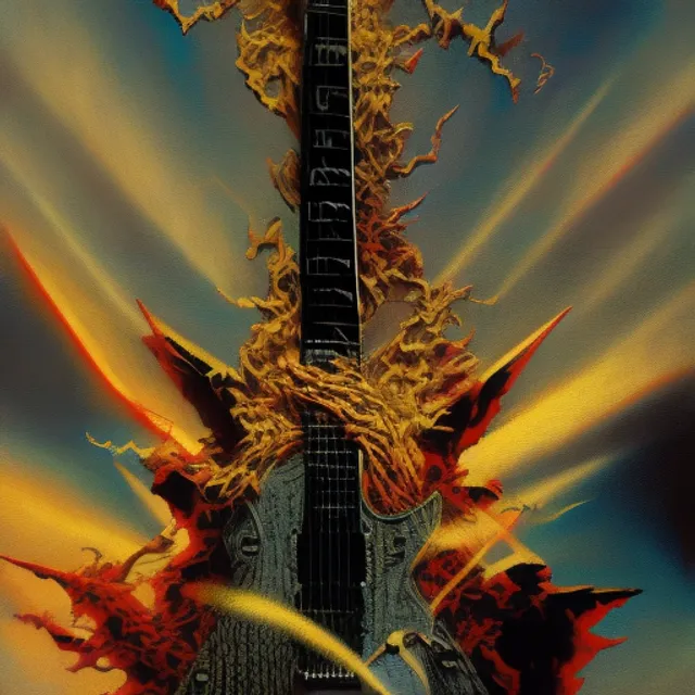lightning striking a heavy metal electric flyng v guitar carved out of a mountain, very dramatic, painted by Frank Frazetta and Alex Ross Norman Rockwell, oil, gouache, airbrushed, incredible,